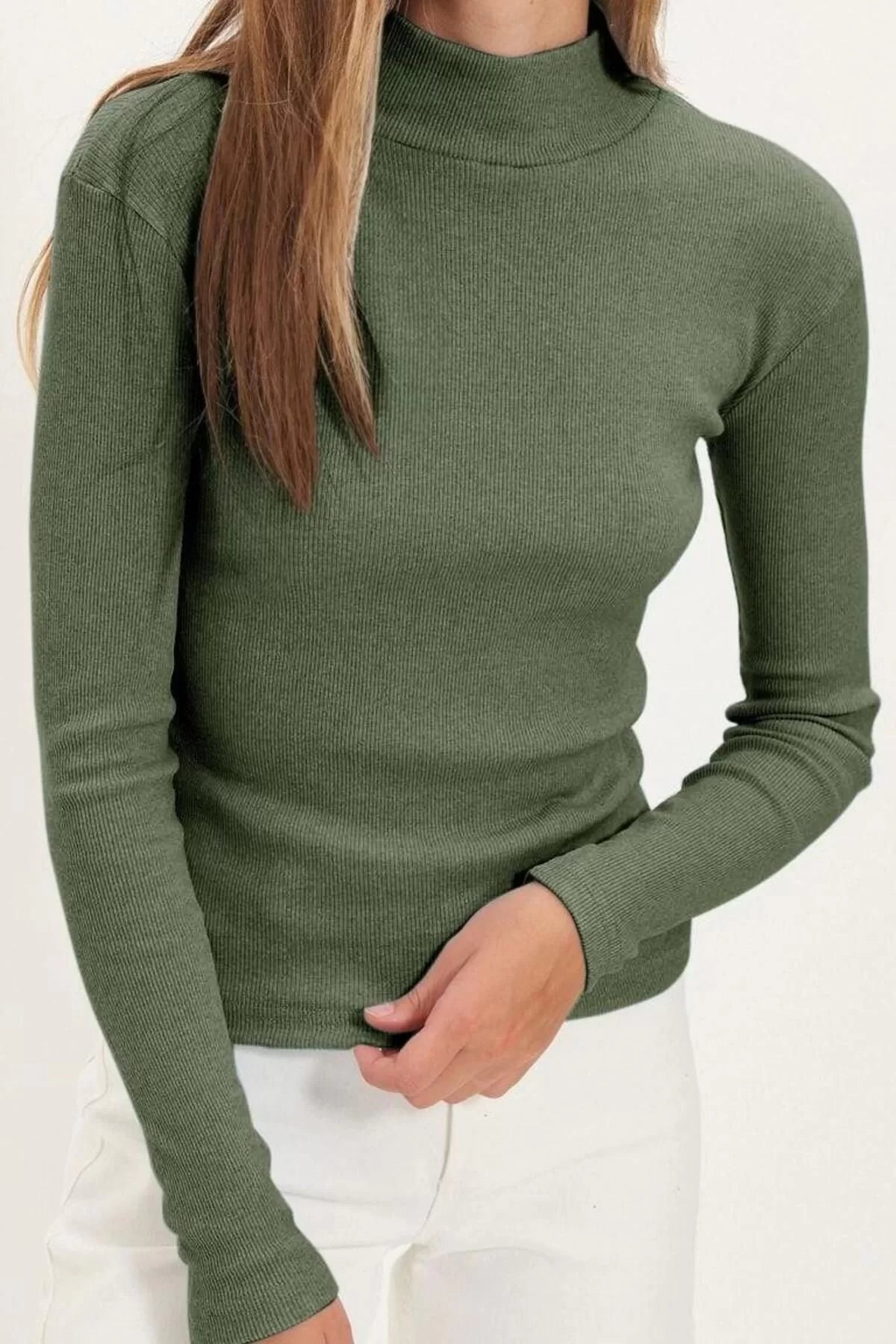 Women Fashion Stylish Regular Stand Collar Slim Pattern Knitted Fitted Body Fitting Sleeve Elastic Ribbed Blouse