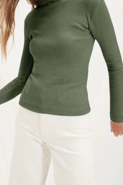 Women Fashion Stylish Regular Stand Collar Slim Pattern Knitted Fitted Body Fitting Sleeve Elastic Ribbed Blouse