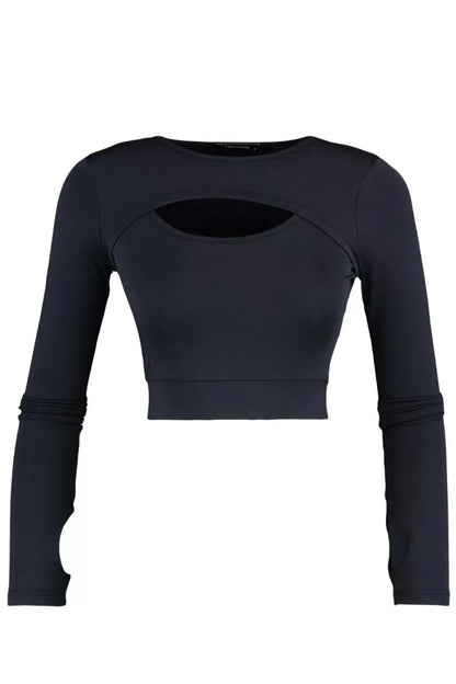 Women Crop Crew Neck Fitted Pattern Knitting Dark Window Cut Out and Thumb Hole Sports Top Blouse