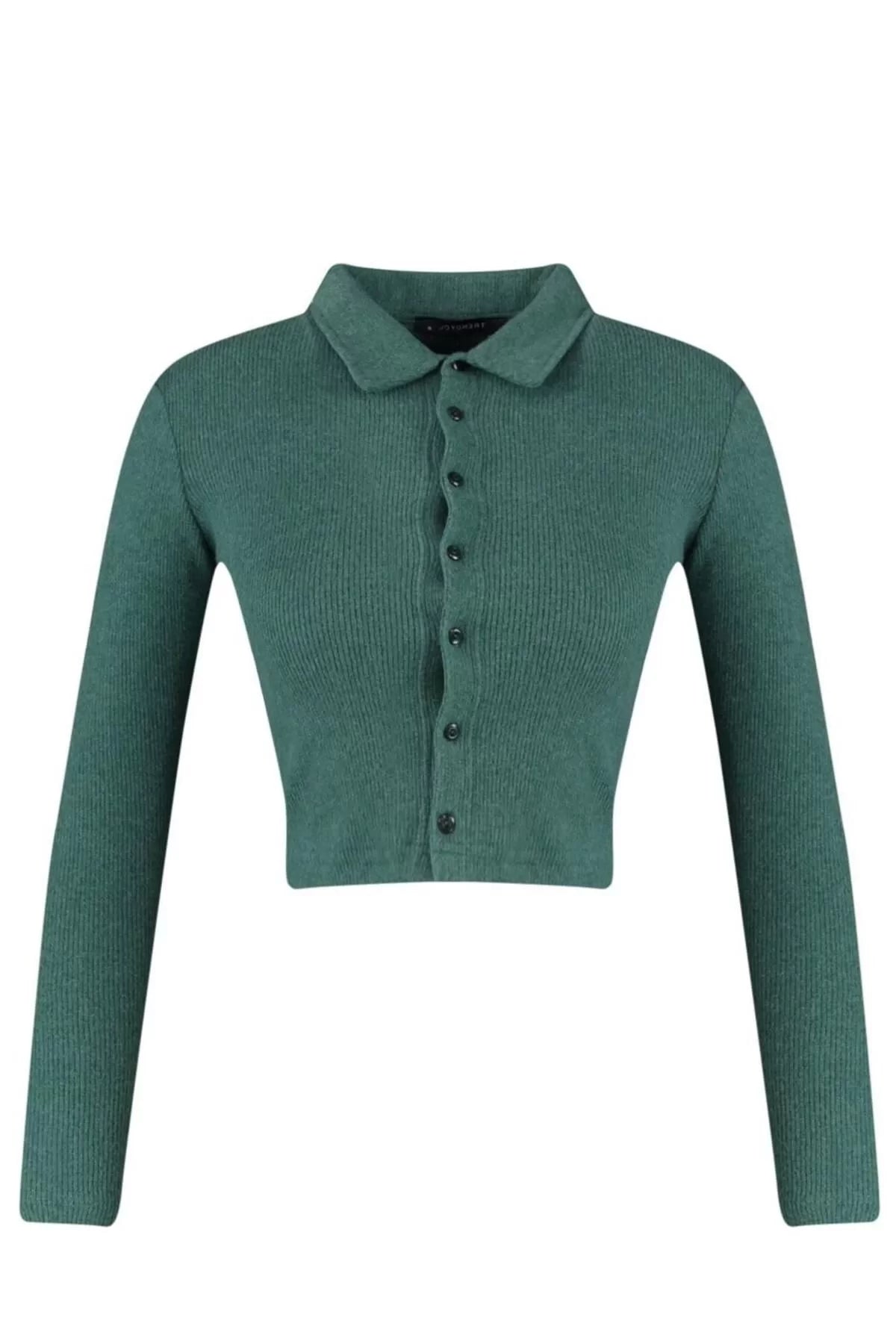 Women's Stylish Crop Shirt Collar Slim Pattern Knitted Body-Fitting Polo Collar Ribbed Flexible Blouse