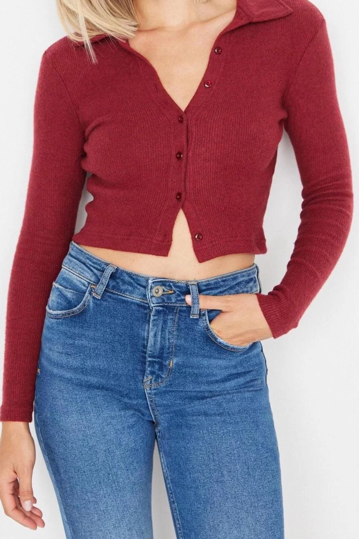 Women's Stylish Crop Shirt Collar Slim Pattern Knitted Body-Fitting Polo Collar Ribbed Flexible Blouse