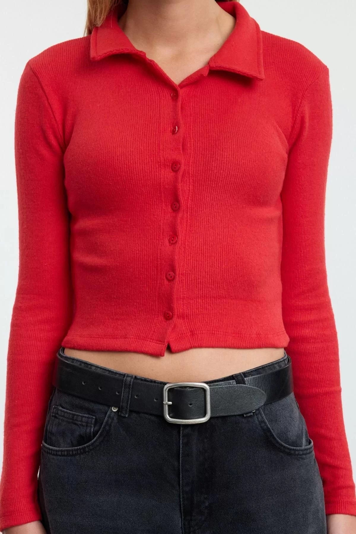 Women's Stylish Crop Shirt Collar Slim Pattern Knitted Body-Fitting Polo Collar Ribbed Flexible Blouse