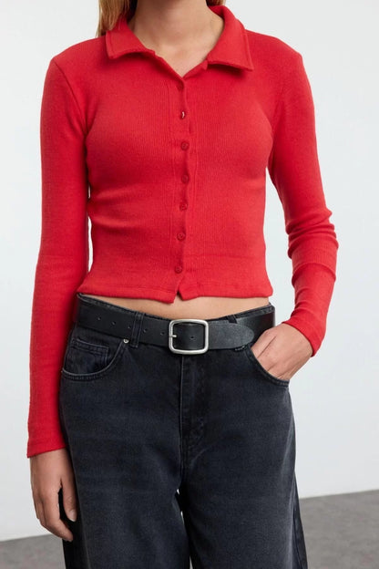 Women's Stylish Crop Shirt Collar Slim Pattern Knitted Body-Fitting Polo Collar Ribbed Flexible Blouse