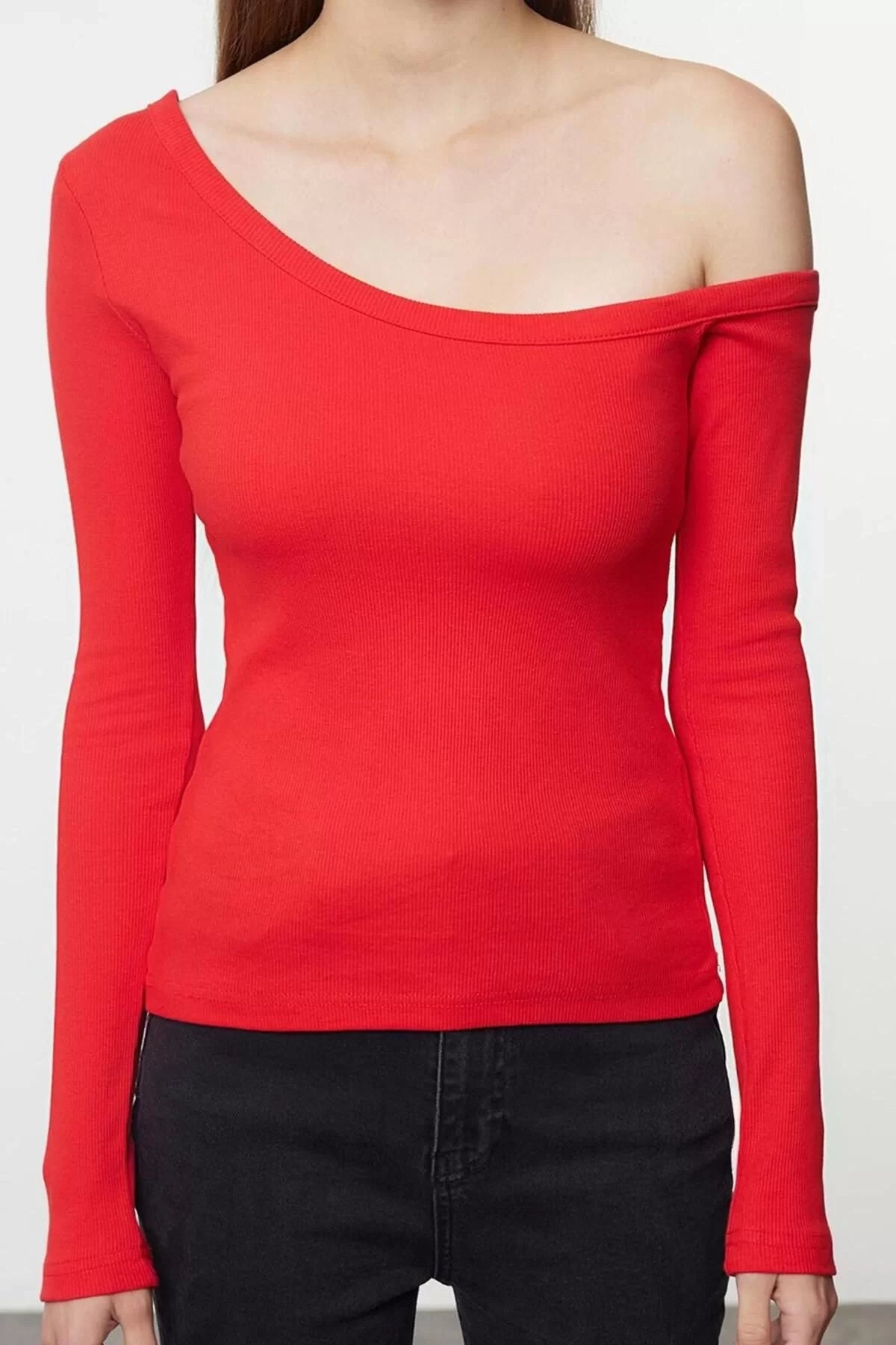 Women's Regular Slim Pattern Knitted Fitted Body-Sit Open Shoulder Ribbed Cotton Flexible Blouse