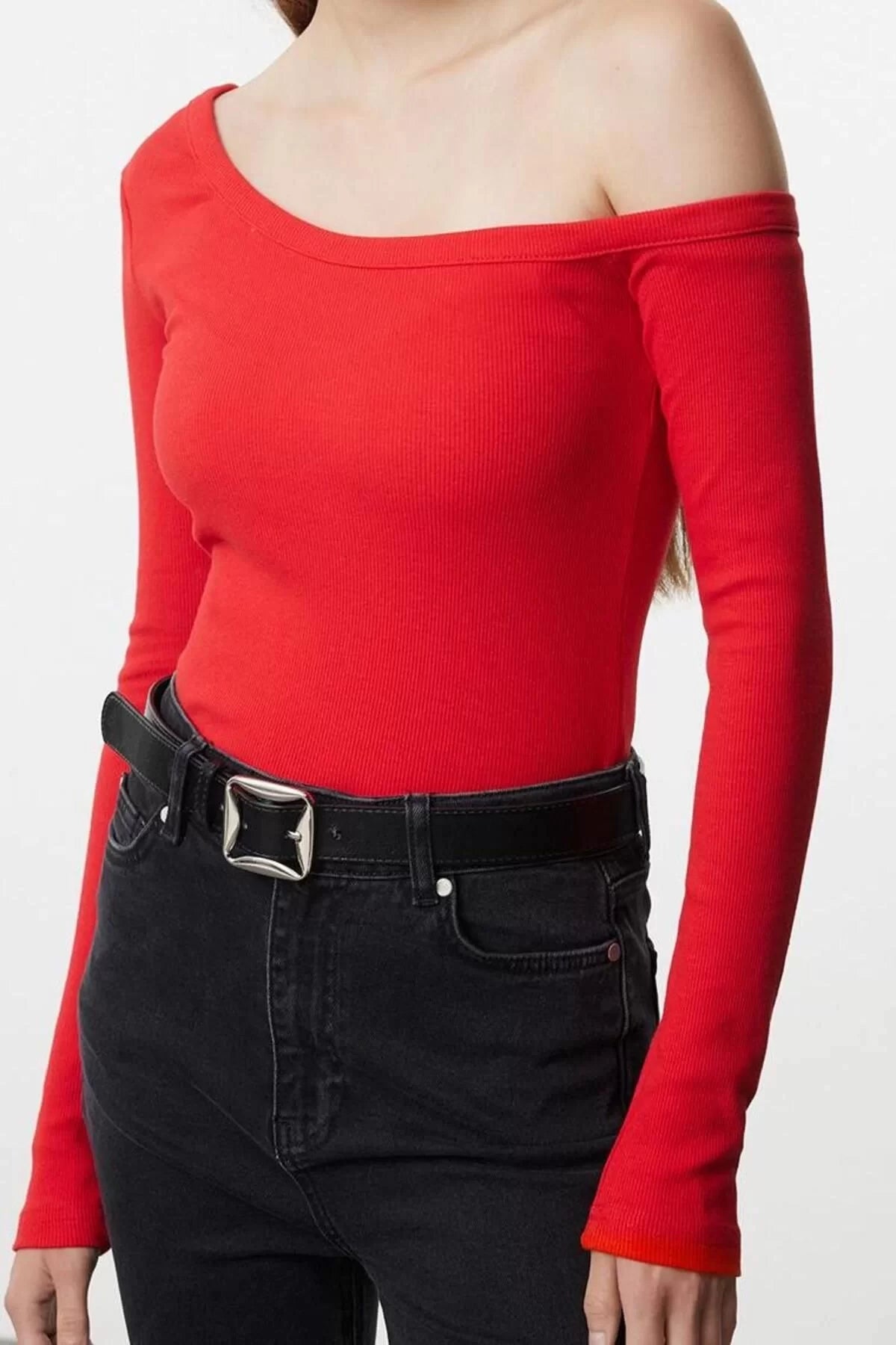 Women's Regular Slim Pattern Knitted Fitted Body-Sit Open Shoulder Ribbed Cotton Flexible Blouse