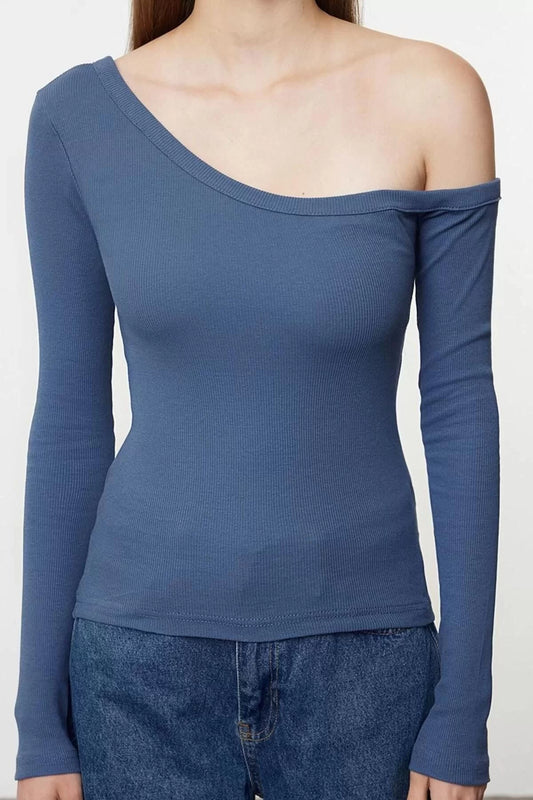 Women's Regular Slim Pattern Knitted Fitted Body-Sit Open Shoulder Ribbed Cotton Flexible Blouse