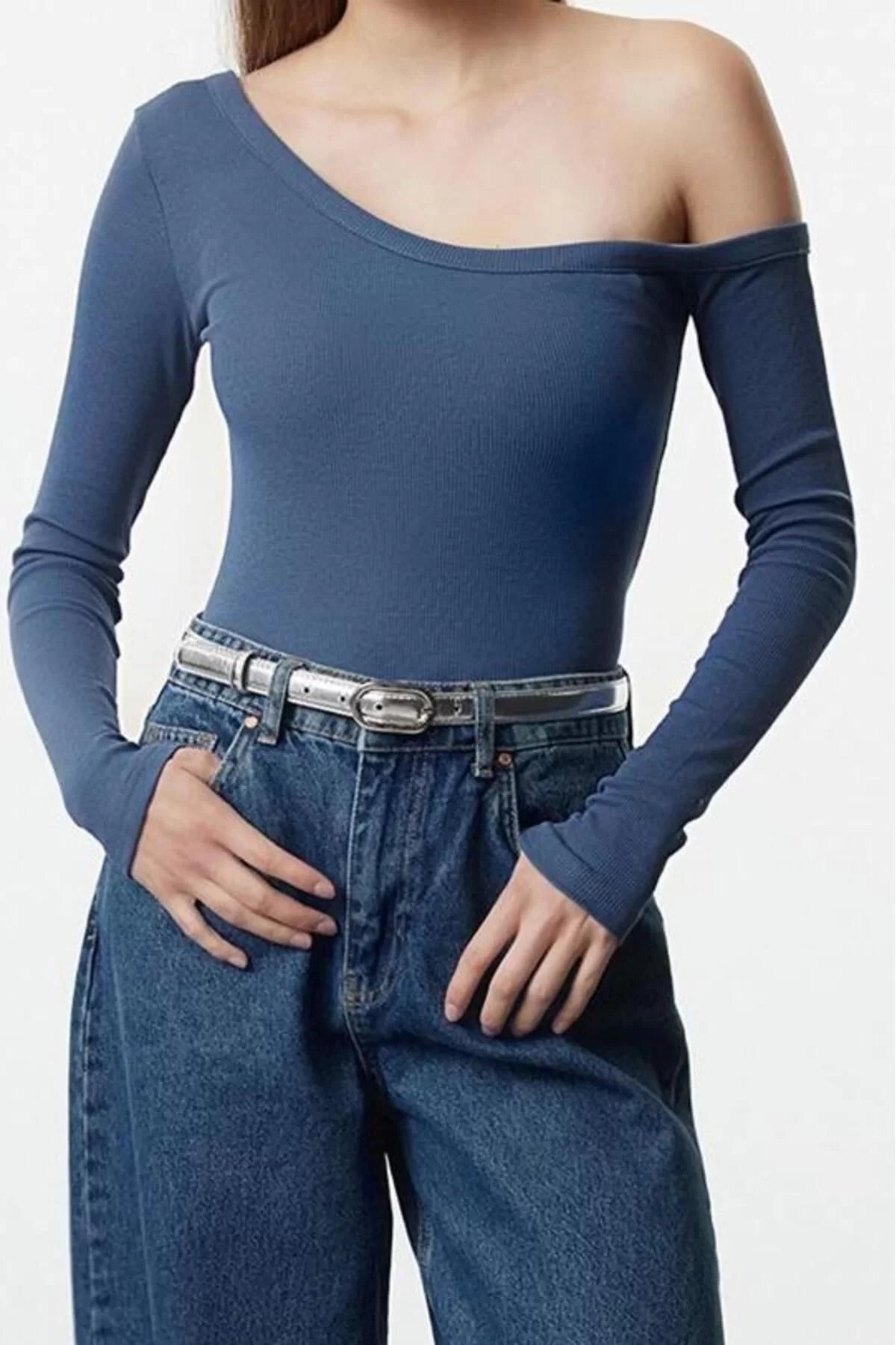 Women's Regular Slim Pattern Knitted Fitted Body-Sit Open Shoulder Ribbed Cotton Flexible Blouse