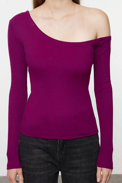 Women's Regular Slim Pattern Knitted Fitted Body-Sit Open Shoulder Ribbed Cotton Flexible Blouse