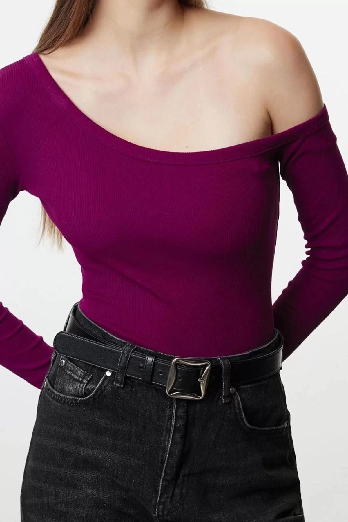 Women's Regular Slim Pattern Knitted Fitted Body-Sit Open Shoulder Ribbed Cotton Flexible Blouse