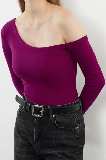 Women's Regular Slim Pattern Knitted Fitted Body-Sit Open Shoulder Ribbed Cotton Flexible Blouse