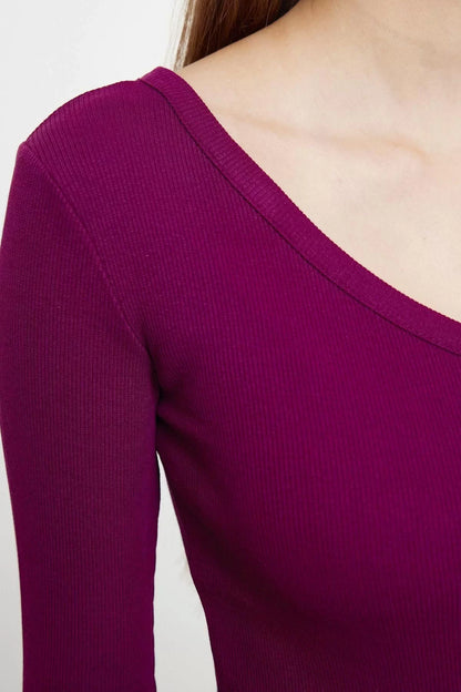 Women's Regular Slim Pattern Knitted Fitted Body-Sit Open Shoulder Ribbed Cotton Flexible Blouse