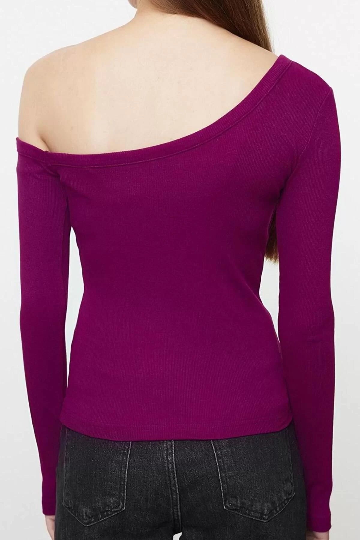 Women's Regular Slim Pattern Knitted Fitted Body-Sit Open Shoulder Ribbed Cotton Flexible Blouse