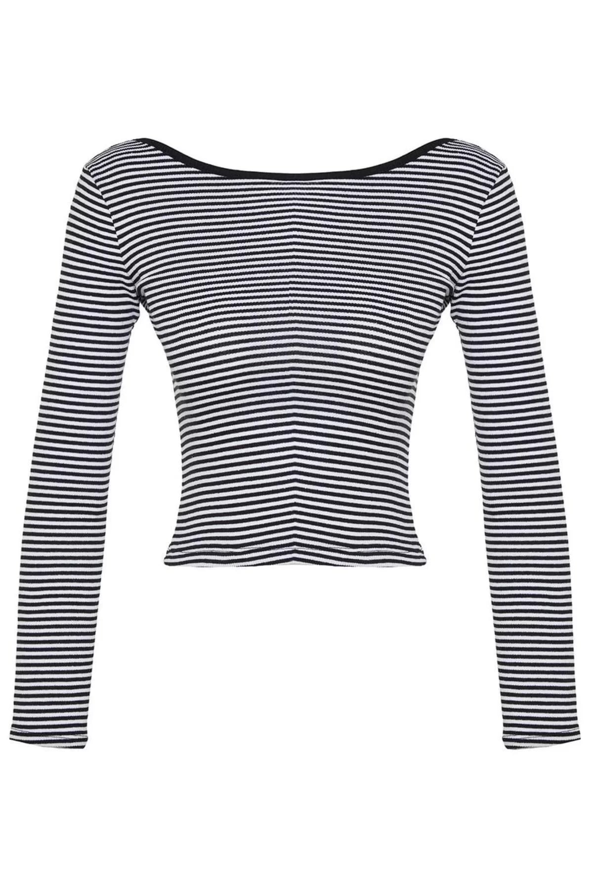 Women's Regular Slim Pattern Knitted Ecru Striped Backless Fitted Elastic Blouse