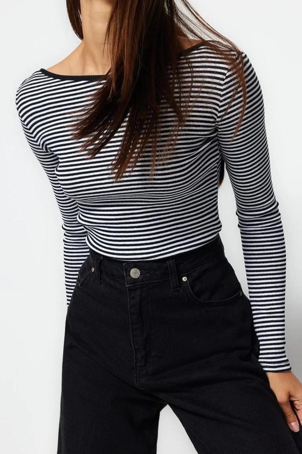 Women's Regular Slim Pattern Knitted Ecru Striped Backless Fitted Elastic Blouse