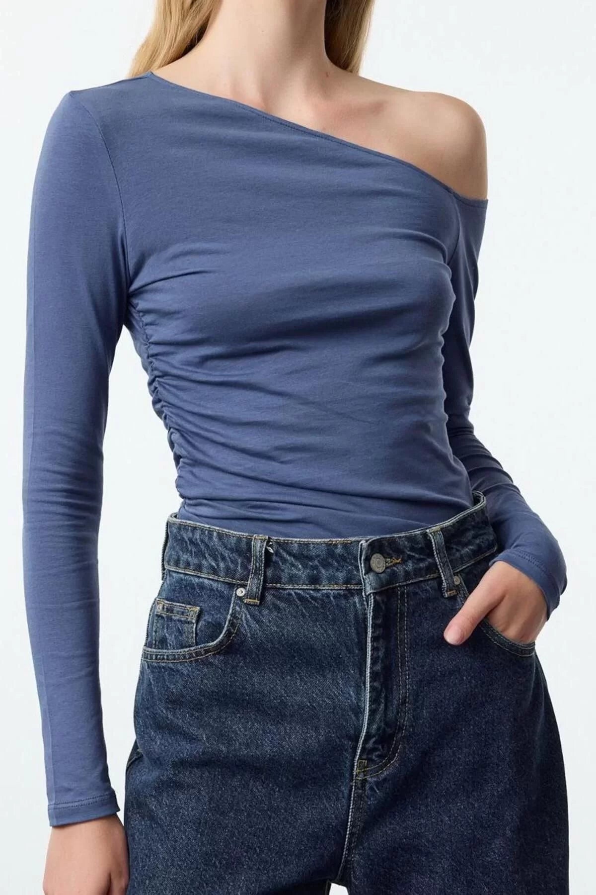 Women's Regular Low Sleeve Slim Pattern Knitted Gathered Fitted Body-Sit Cotton Flexible Blouse