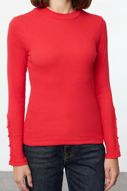 Women's Stylish Regular Stand Collar Slim Pattern Knitted Buttoned Ribbed Fitted Body-Smoothing Cotton Flexible Blouse