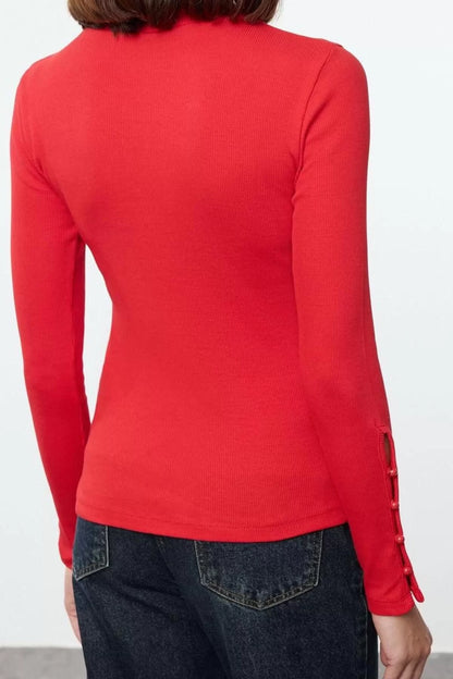 Women's Stylish Regular Stand Collar Slim Pattern Knitted Buttoned Ribbed Fitted Body-Smoothing Cotton Flexible Blouse