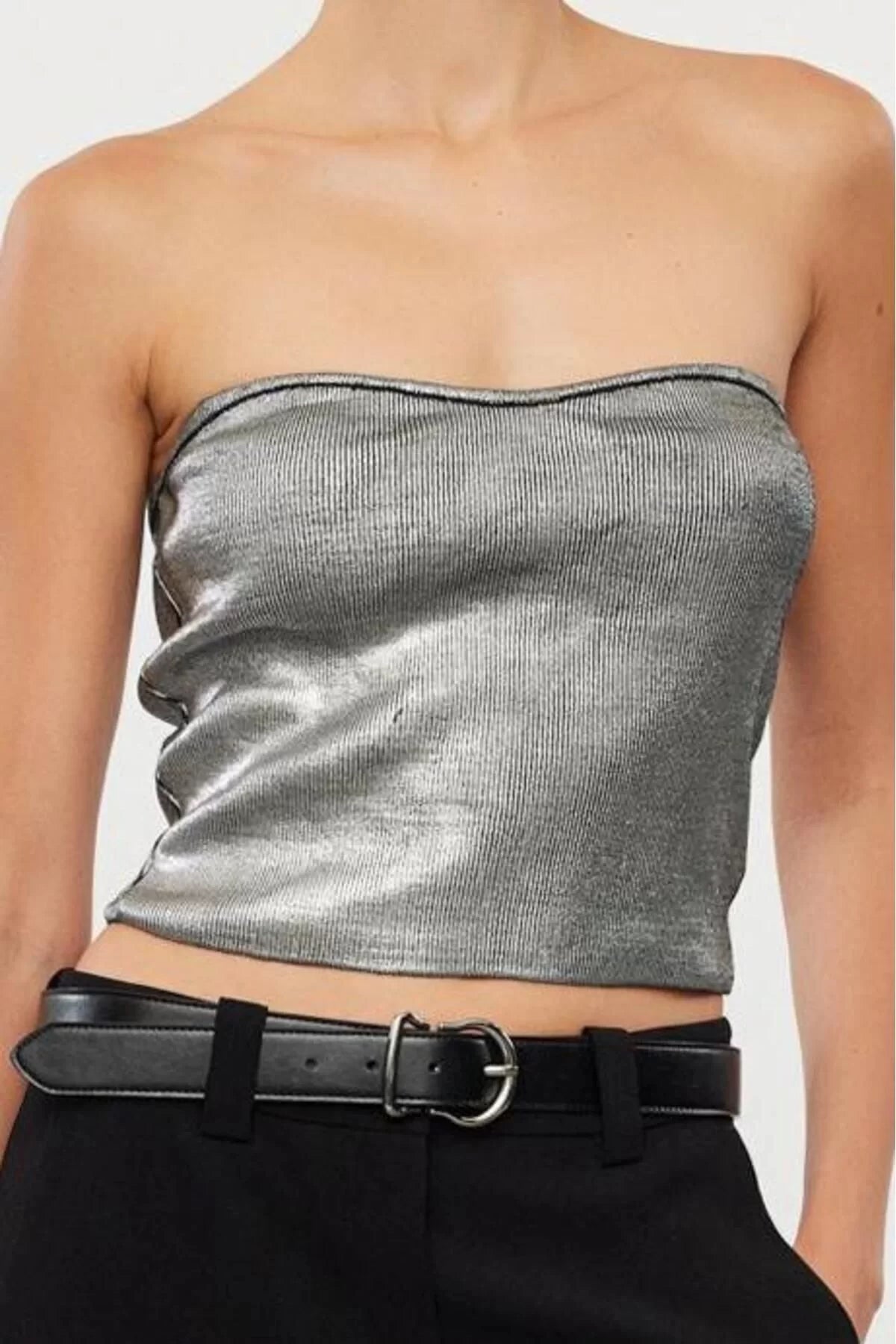 Women Fashion Stylish Tops Crop Square Neck Slim Pattern Knitwear Gilded Strapless Collar Blouse