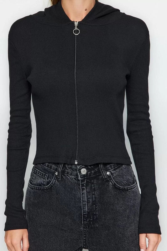 Women's Stylish Crop Hooded Collar Slim Pattern Knitted and Zippered Ribbed Fitted Body-Smoothing Flexible Blouse