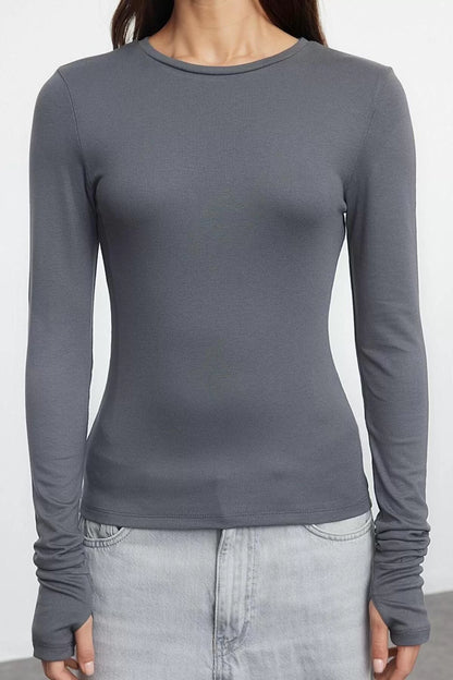 Women's Regular Crew Neck Slim Pattern Knitted Viscose Soft Fabric Finger-Paced Flexible Blouse