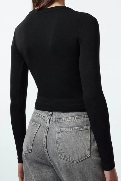 Women Fashion Stylish Crop Crew Neck Slim Pattern Knitted Double Pack Short Fitted Body Blouse