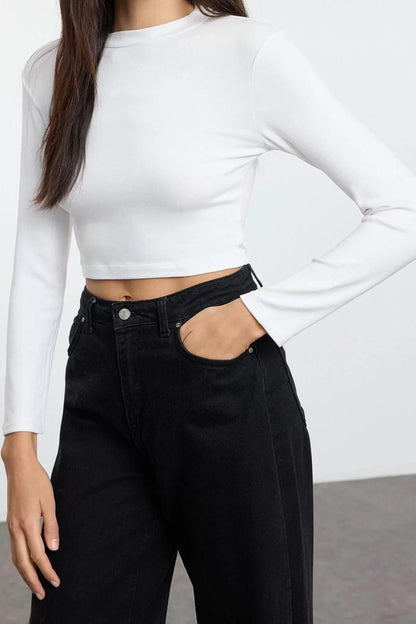 Women's Crop Crew Neck Fitted Pattern Knitted Black-White-Mink Striped 3-Pack Body-Sit Blouse