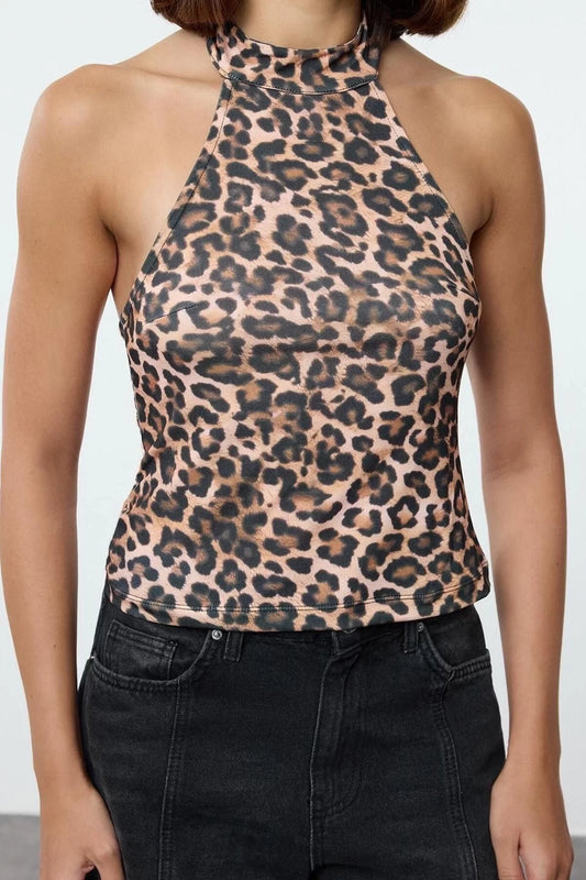 Women Fashion Stylish Regular Halter Neck Slim Pattern Knitted Leopard Printed Fitted Body-Smoothing Flexible Blouse