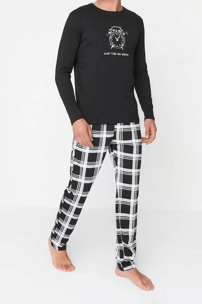 Men's 100% Cotton Crew Neck Long Sleeve Regular Fit Crew Neck Pajama Set