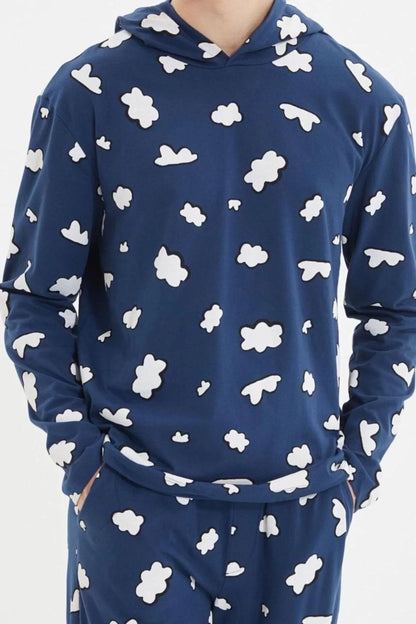 Men's 100% Cotton Hooded Long Sleeve Regular Fit Printed Top Hooded Pajama Set