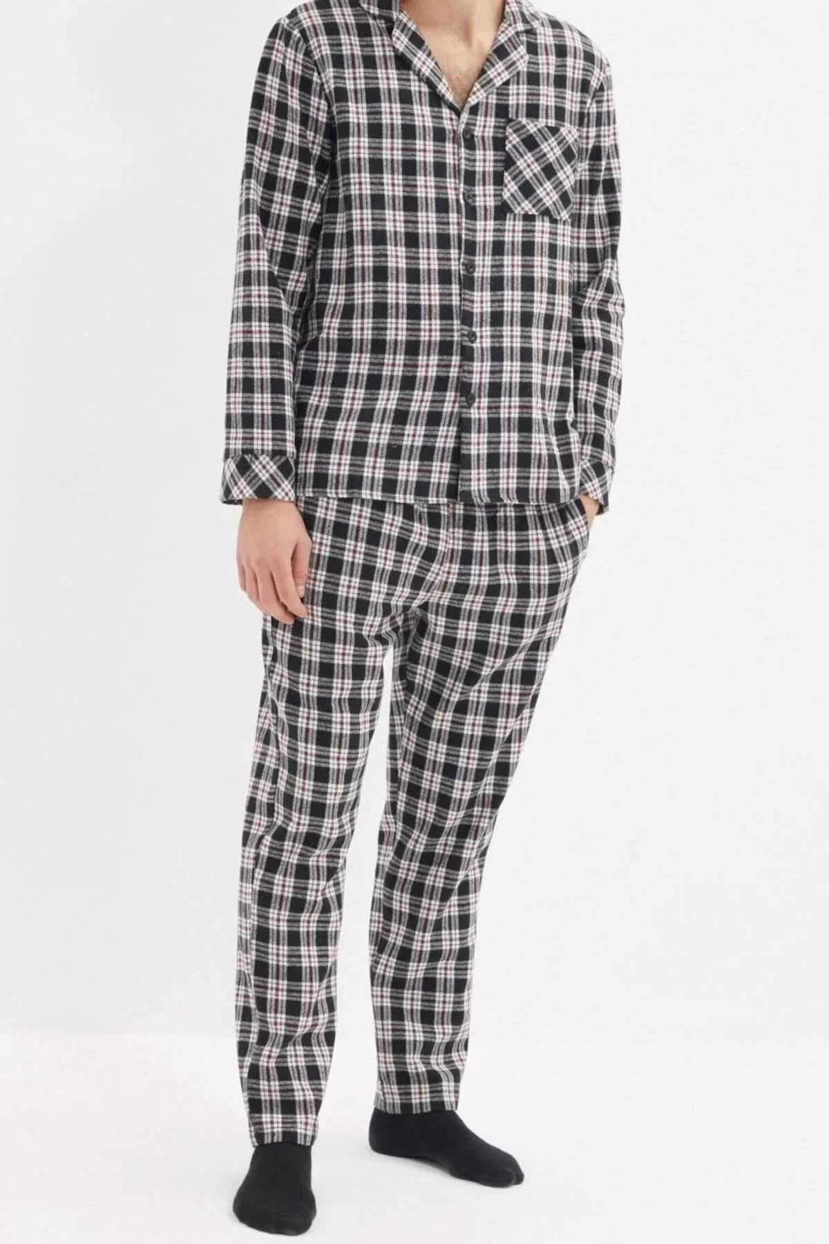 Men's Cotton Polyester Shirt Collar Long Sleeve Regular Fit Plaid Woven Pajama Set