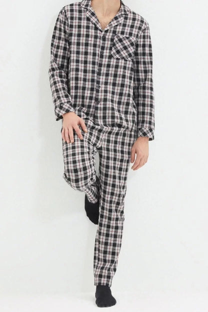 Men's Cotton Polyester Shirt Collar Long Sleeve Regular Fit Plaid Woven Pajama Set