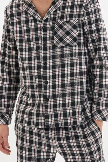 Men's Cotton Polyester Shirt Collar Long Sleeve Regular Fit Plaid Woven Pajama Set