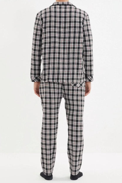 Men's Cotton Polyester Shirt Collar Long Sleeve Regular Fit Plaid Woven Pajama Set