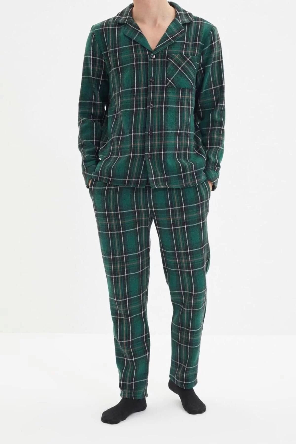 Men's Polyester Shirt Collar Long Sleeve Regular Fit Plaid Woven Pajama Set