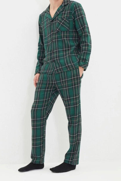 Men's Polyester Shirt Collar Long Sleeve Regular Fit Plaid Woven Pajama Set