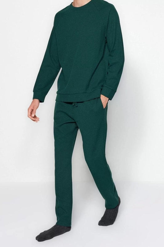 Men's Polyester V Neck Long Sleeve Regular Fit Waffle Knitted Pajama Set