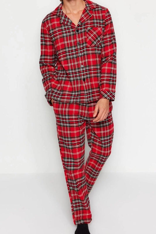 Men's Polyester Shirt Collar Long Sleeve Regular Fit Plaid Woven Pajama Set