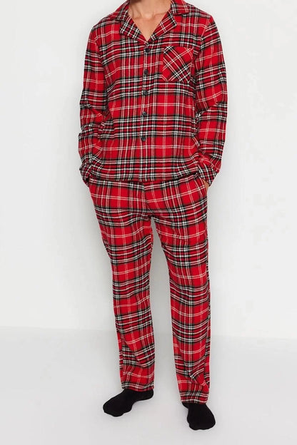 Men's Polyester Shirt Collar Long Sleeve Regular Fit Plaid Woven Pajama Set