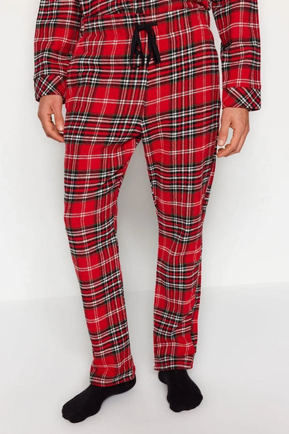 Men's Polyester Shirt Collar Long Sleeve Regular Fit Plaid Woven Pajama Set