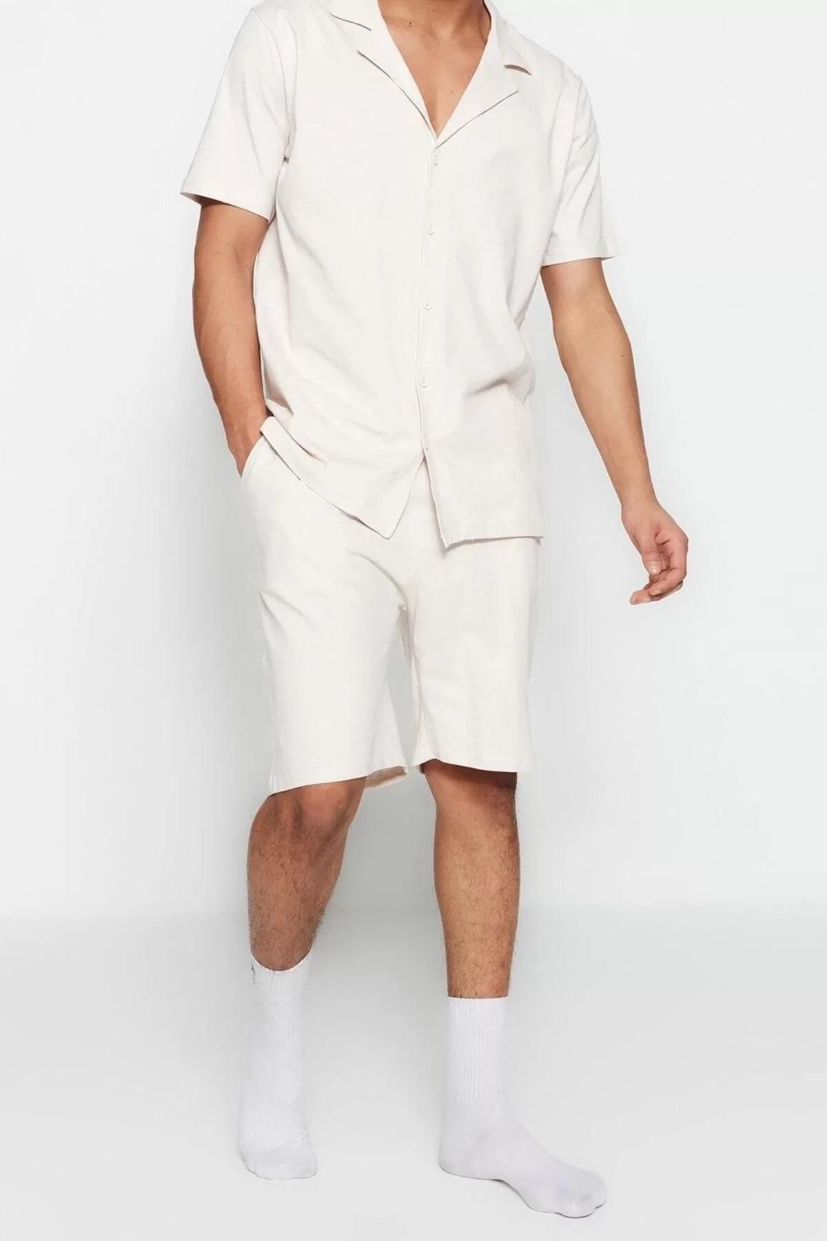 Men's 100% Cotton Shirt Collar Short Sleeve Unisex Regular Fit Open Collar Shorts Pajama Set