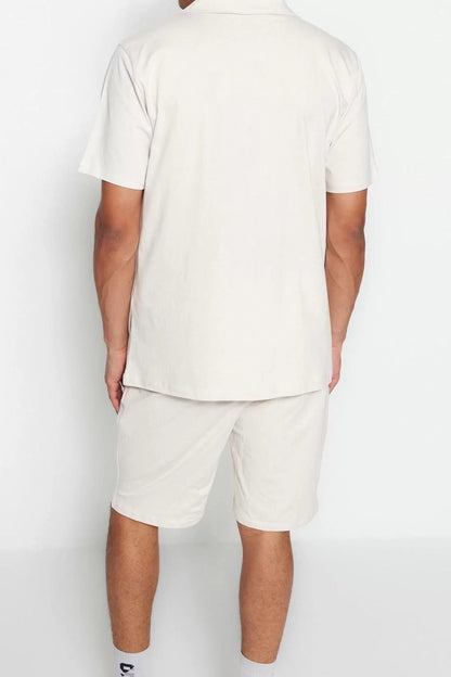 Men's 100% Cotton Shirt Collar Short Sleeve Unisex Regular Fit Open Collar Shorts Pajama Set