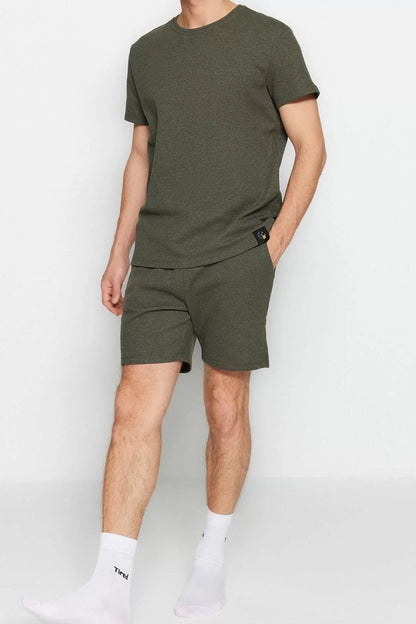 Men's Cotton Polyester Crew Neck Short Sleeve Regular Fit Waffle Knitted Shorts Pajama Set