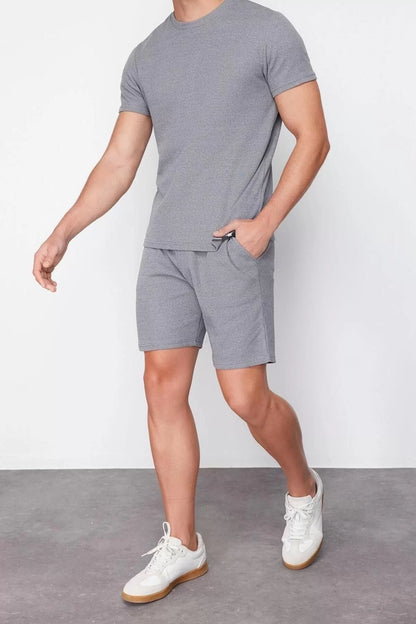 Men's Cotton Polyester Crew Neck Short Sleeve Regular Fit Waffle Knitted Shorts Pajama Set