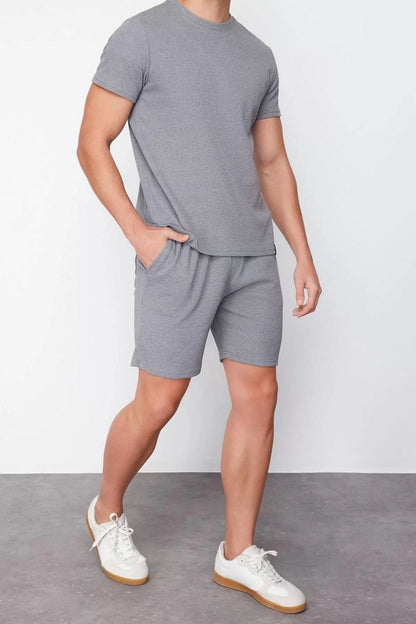 Men's Cotton Polyester Crew Neck Short Sleeve Regular Fit Waffle Knitted Shorts Pajama Set