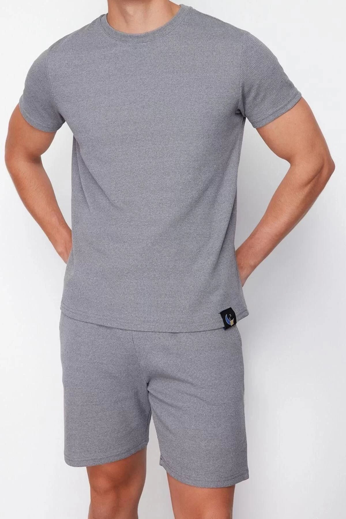 Men's Cotton Polyester Crew Neck Short Sleeve Regular Fit Waffle Knitted Shorts Pajama Set