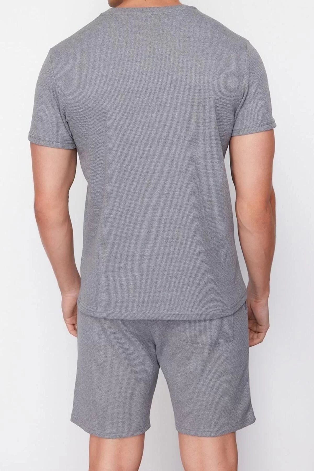 Men's Cotton Polyester Crew Neck Short Sleeve Regular Fit Waffle Knitted Shorts Pajama Set