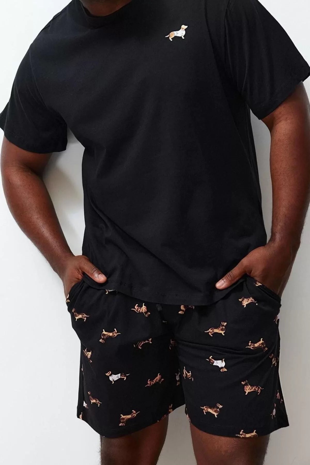 Plus Size Men's Cotton Crew Neck Short Sleeve Printed Knitted Shorts Pajama Set