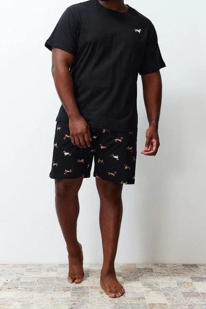 Plus Size Men's Cotton Crew Neck Short Sleeve Printed Knitted Shorts Pajama Set