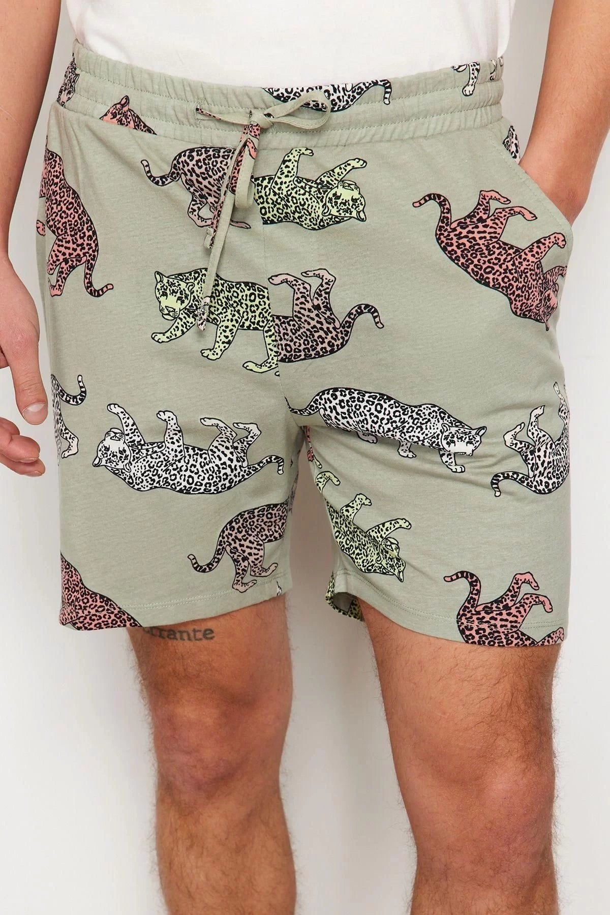 Men's 100% Cotton Crew Neck Short Sleeve Regular Fit Animal Patterned Couple Knitted Shorts Pajama Set