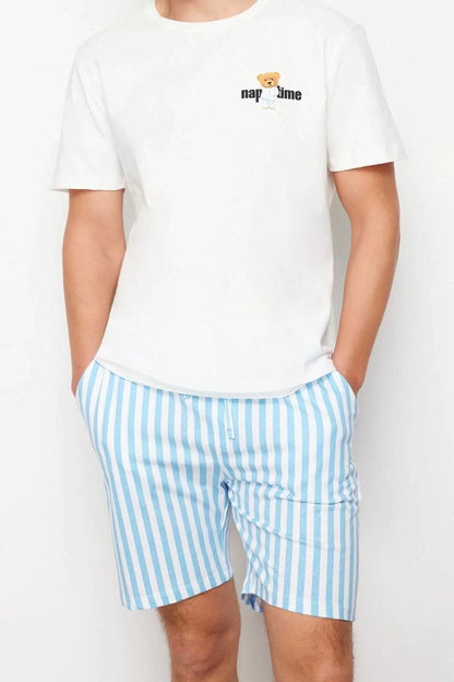 Men's 100% Cotton Crew Neck Short Sleeve Ecru Striped Regular Fit Couple Knitted Shorts Pajama Set